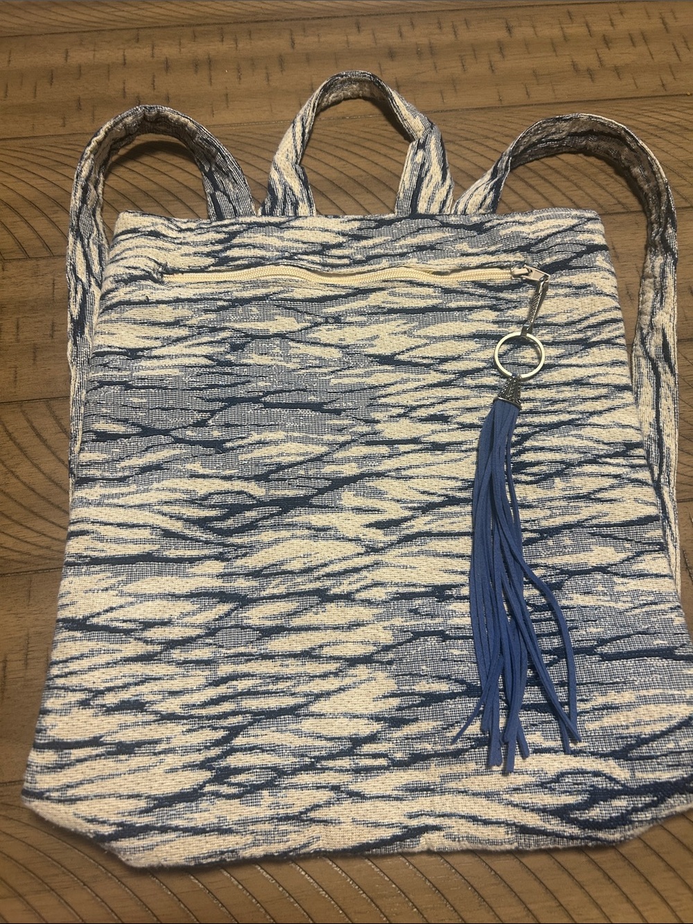 Blue and Cream Woven Women’s Backpack with Tassel Accent